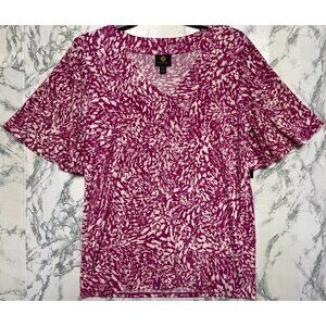 JM Collection Medium Crepe Blouson V-Neck Top Purple Fizz CB Abstract Print
